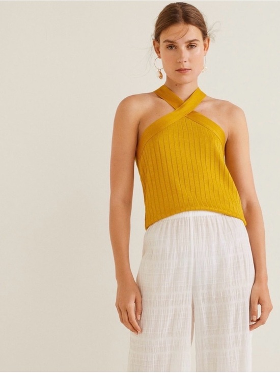 Mango Tops - NWT Designer MNG Mango Mustard Gold Ribbed Cross-Neck Camisole Sz M